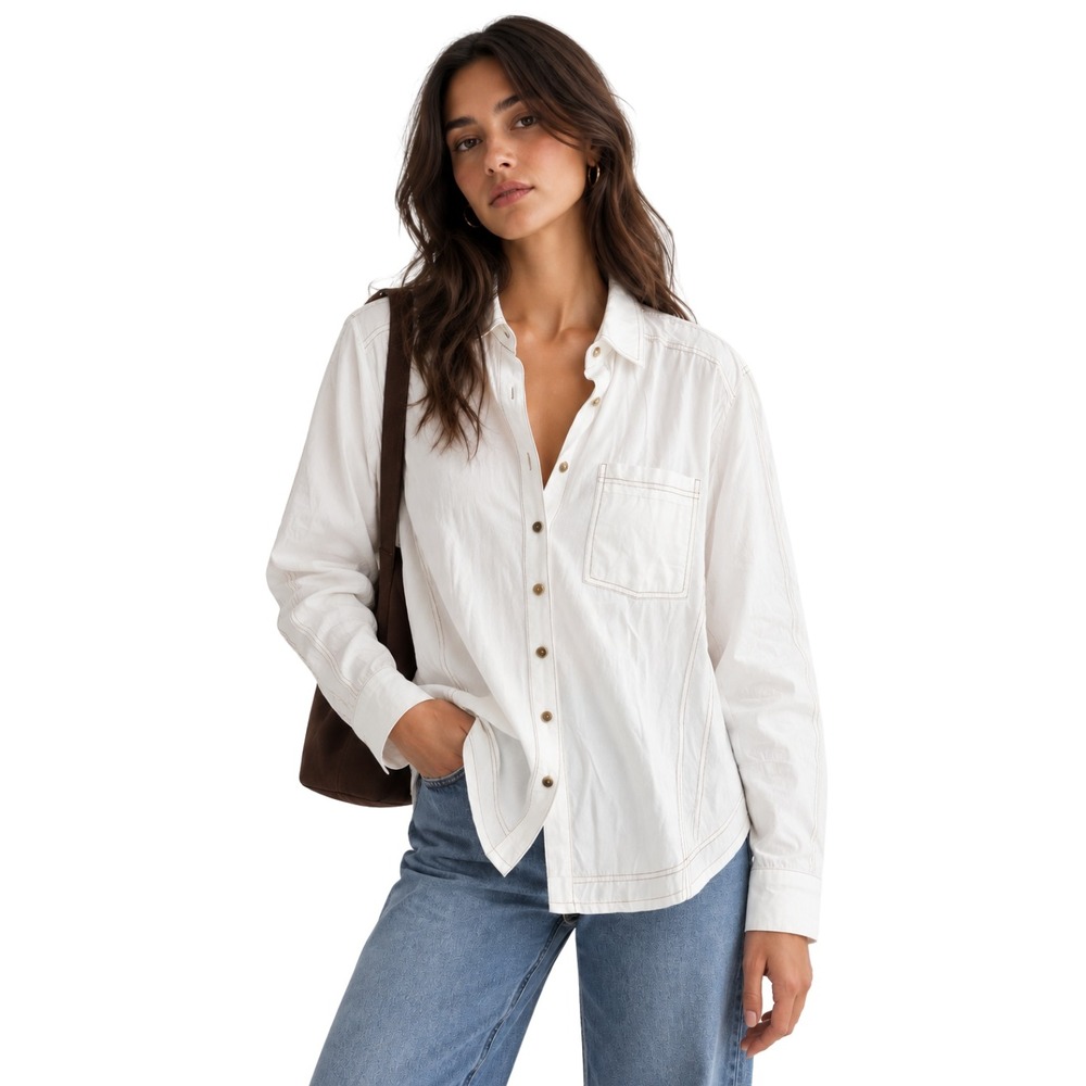Free People Top Womens Large White Cotton Button Down Shirt Raw Seams Cotton